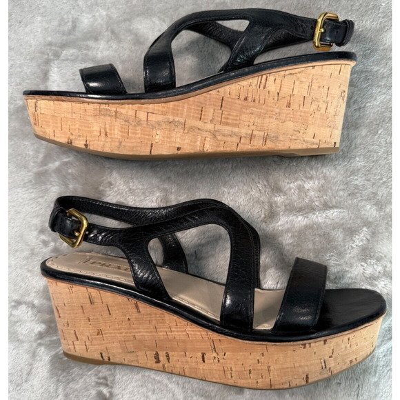 Prada Vintage Black Leather Cork Wedge Slingback Sandals EU 39 US 8 - Picture 3 of 8